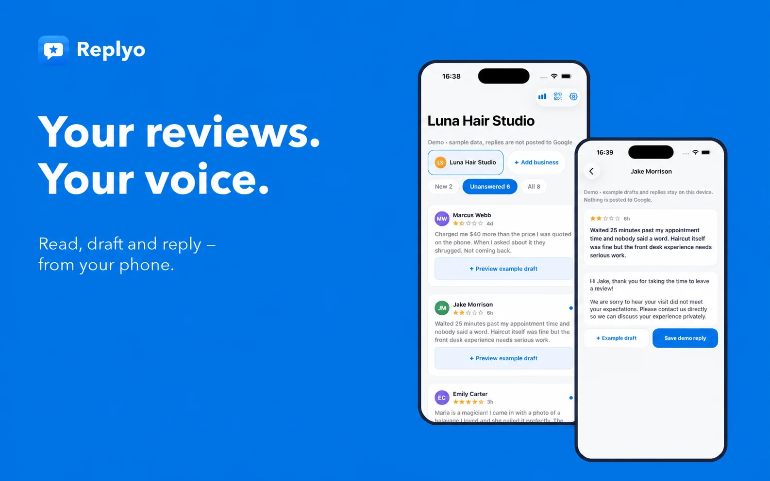 Replyo — pregled Google recenzija i priprema odgovora u mobilnoj aplikaciji